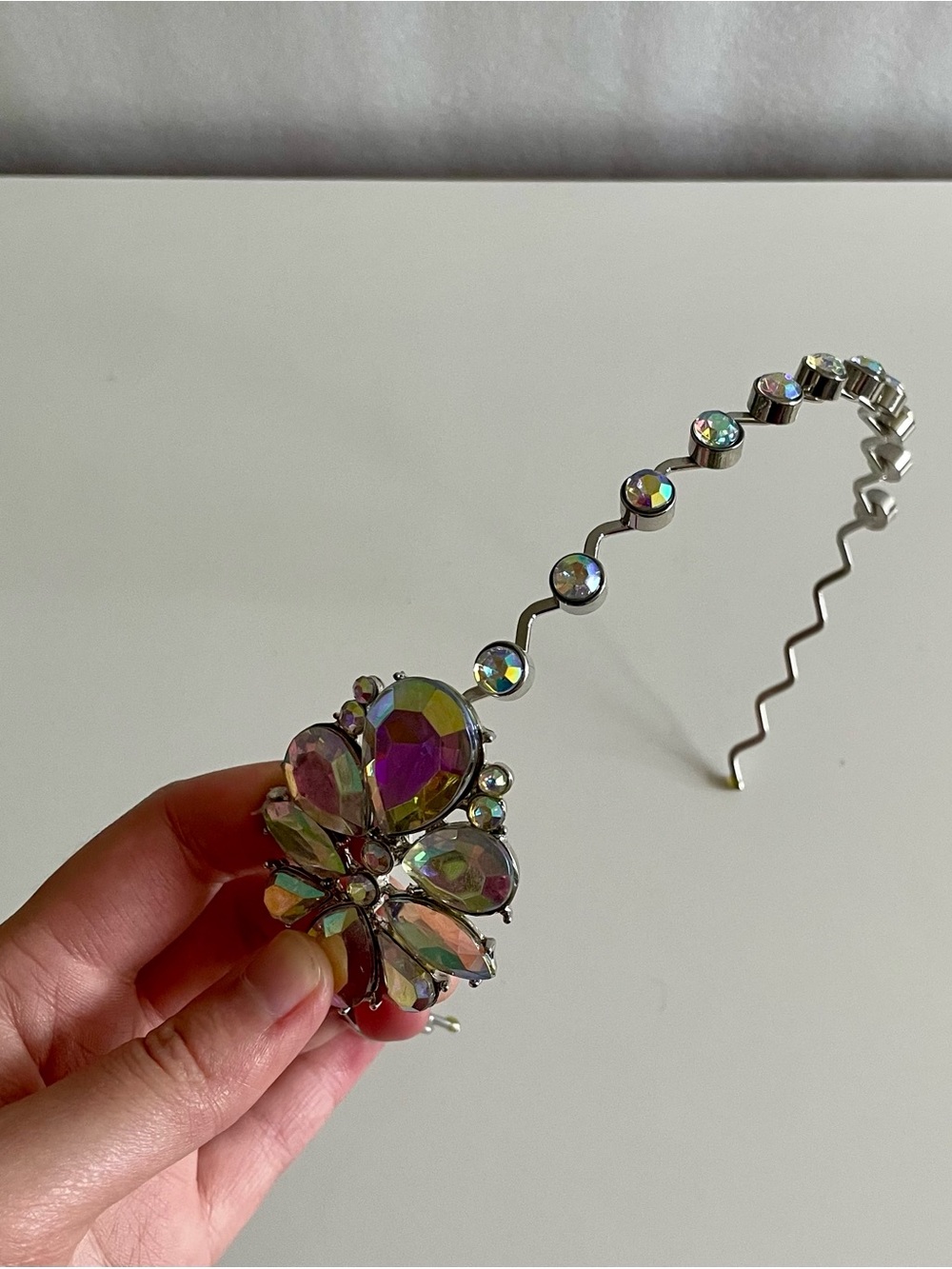 Iridescent Faux Crystal Floral Headband - Silver Accent